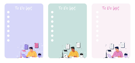 Set of to do list, check list, note with student sitting at the laptop. Online education. Printable diary, page notebook, daily planner, notes and checklist. Ready for print, for web, graphic design