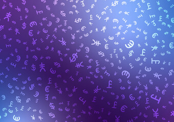 Currency random pattern dollar euro yen graphic purple decoration background