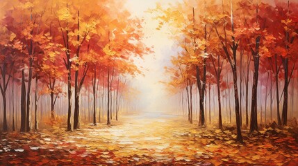A breathtaking autumn art with exquisite aesthetics. The scene depicts a serene forest painted in shades of crimson, gold, and amber. The trees stand tall, their leaves gently swaying in the breeze.