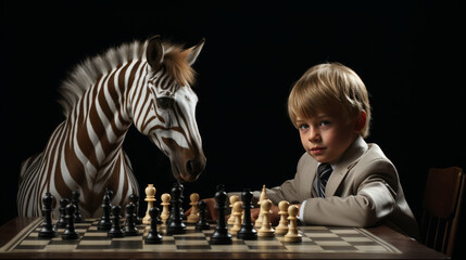 Captivating scene of a sharp-dressed young boy engrossed in a strategic chess match with an attentive zebra against a plain studio backdrop.