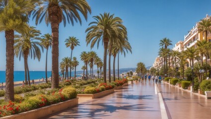 Fototapeta na wymiar Beautifully landscaped city promenade along the coast of the Mediterranean Sea on the Costa del Sol in Spain