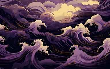 Seamless pattern with waves, in black, purple and gold style, in japanese style