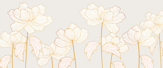Luxury hand drawn botanical leaves line art background. Elegant peonies, gradient gold lines of peony flowers, leaves and tropical foliage. Design for wedding invitation, cover, print, decoration, tem