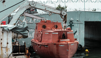 davit launched liferaft onshore, old rusty ship lifeboat, resque training stcw on vessel, seafarer...