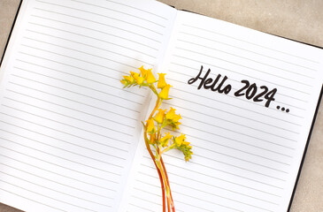 Fototapeta na wymiar Notebook with hello 2024 handwritten on grey with flowers