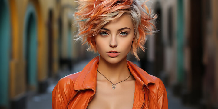 Innovative and vibrant image of a trendy young woman with bold pixie cut in chic salon environment, showing off contemporary art, poised elegance and dynamic individuality.