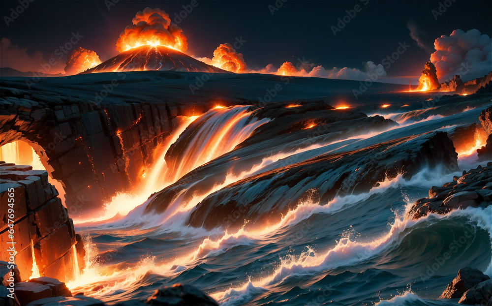 Wall mural Artistic image of sea, flames, darkness, realism, futuristic