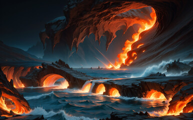 Artistic image of sea, flames, darkness, realism, futuristic