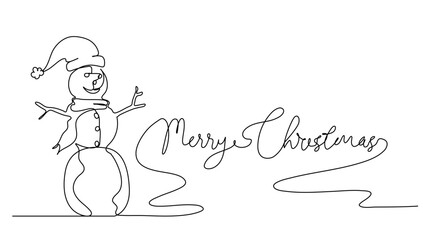 Continuous line drawing of snowman and  lettering  Merry Christmas. vector illustration