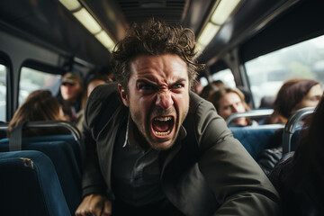 Angry man traveling in public transport in a traffic jam