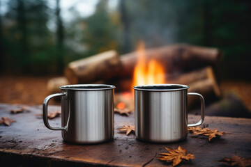 Fototapeta na wymiar Cozy Autumn Moments: Coffee by the Bonfire