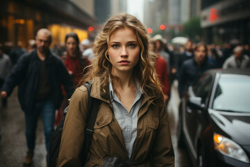 Fototapeta premium Angry woman traveling in public transport in a traffic jam
