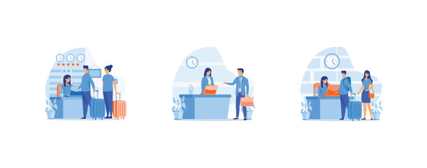 Hotel reception concept, registration hotel service, check in to hotel, Scene of visit to service center, set flat vector modern illustration 