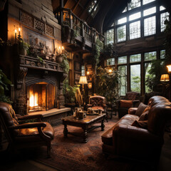 Fototapeta premium Den with leather recliners facing a roaring fire 