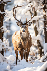 Naklejka na ściany i meble Deer foraging in a snow-covered wilderness depicting wildlife struggle in extreme cold 