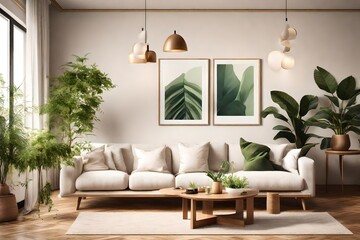  an image of a warm and cozy spring living room interior with a mock-up poster frame hanging above a white sofa, a wooden sideboard, and a green stand adorned with lush plants and a stylish lamp. 