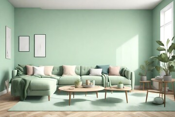 A green pastel colored walls living room mock up. 