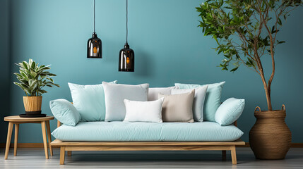 Scandinavian Elegance: Cozy Sofa and Blue Wall