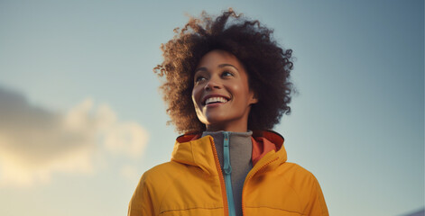 A happy black american woman in an orange jacket in the outdoors Generative AI 