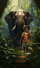 a young African boy walking in front of elephant happy face smiling holding books Generative AI