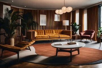  an interior design image that pays homage to the mid-century modern style, known for its iconic furniture and bold patterns. 