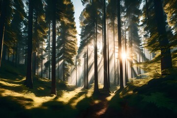 A mountain retreat with sunlight filtering through the tall trees. 