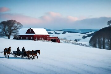 a scenic countryside landscape with a horse-drawn sleigh ride, rolling hills, and a rustic barn lit up for a holiday celebration.  - obrazy, fototapety, plakaty