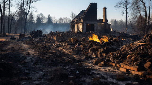 Zerstörtes abgebranntes Haus, Feuer, verkohlt, Ruine
einsam