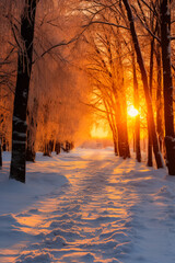 Winter sunset illuminating ice-covered forest background with empty space for text 