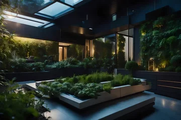 No drill blackout roller blinds Garden A high-tech smart home with AI-controlled gardens and skylights in the evening. 