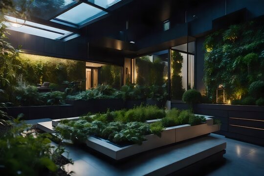 A high-tech smart home with AI-controlled gardens and skylights in the evening. 