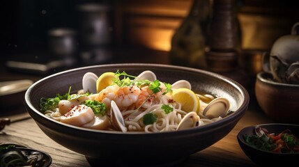 Satisfying and Flavorful Plate of Udon Noodles, Served with a Generous Assortment of Fresh Ingredients for a Scrumptious Meal