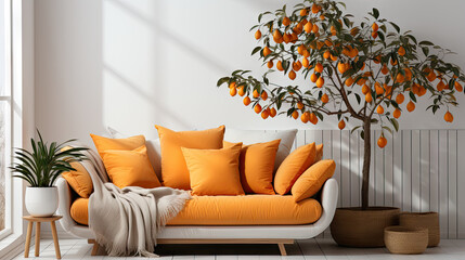 Scandinavian Comfort: Cozy Sofa with Orange Cushions