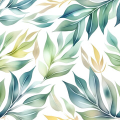 Fototapeta premium green yellow leaves watercolor seamless pattern, generative ai, leaf background with pastel colors
