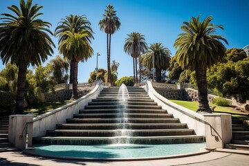 A beautiful water fountain staircase in Tongva Park with autumn trees, green palm trees, plants, benches, and a blue sky in Santa Monica, California. Generative AI