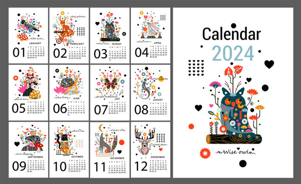 Calendar for 2024 animals folk art