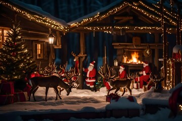 a magical North Pole scene with Santa's workshop, reindeer, and elves busy preparing for Christmas Eve. 