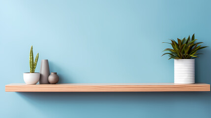 Elevated Interior: Wooden Shelf on a Blue Backdrop in a Clean Design Aesthetic