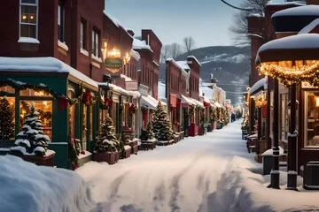  a charming small-town main street with snow-covered storefronts, holiday shoppers, and festive street decorations.  © ZUBI CREATIONS
