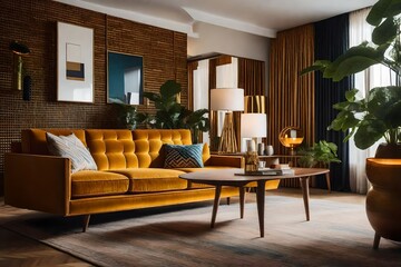  an interior design image that pays homage to the mid-century modern style, known for its iconic furniture and bold patterns. 