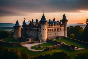 A historical castle transformed into a modern-day palace with time-travel elements at dusk.  - obrazy, fototapety, plakaty