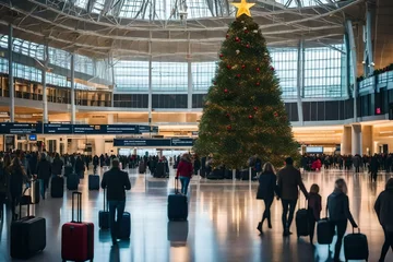  a bustling airport terminal with travelers reuniting with loved ones for the holidays, luggage piled high, and a giant Christmas tree.  © ZUBI CREATIONS