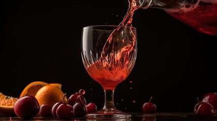 Captivating Close-Up Shot of Red Fruit Juice Being Poured into a Glass, a Burst of Refreshing Flavor