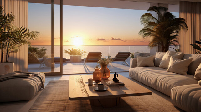 Mars Coastal life interior design, photorealistic, high quality 3dsmax renders, livingroom design golden hour