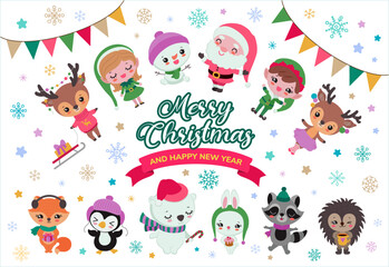 Cute Christmas clipart kawaii icon set. Xmas festive collection cartoon children vector illustration. Kawaii santa claus, christmas elves. reindeer, polar bear, penguin. Winter woodland animals.