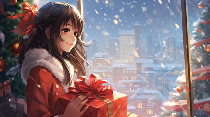 Naklejka premium A cheerful anime girl dressed in a Santa Claus costume, surrounded by colorful presents and a decorated Christmas tree, with snow falling gently outside the window.