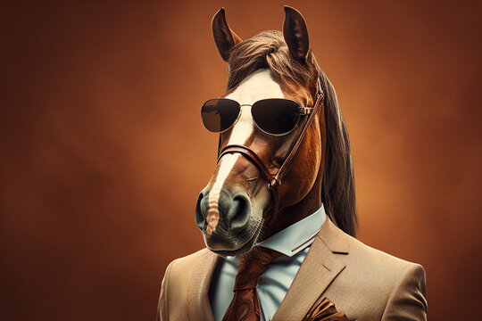 Creative horse dreessing nice suit in portrait style.