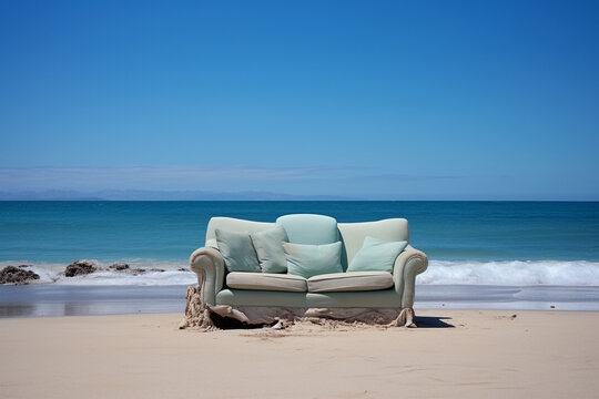 Creative old sofa furniture on the sand beach with the sea background.