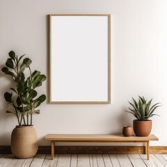 minimal design apartment, a wall with 1 picture frame, modern living-room, clean furniture, perpendicular composition, center perspective, very detailed, photorealistic, photographic - obrazy, fototapety, plakaty