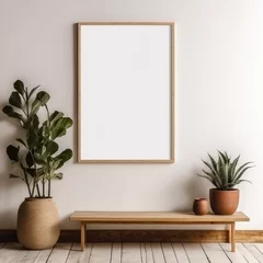 Deurstickers minimal design apartment, a wall with 1 picture frame, modern living-room, clean furniture, perpendicular composition, center perspective, very detailed, photorealistic, photographic © paul